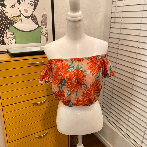 Floral Off-Shoulder Top - Orange and Green - Picture 1 of 4